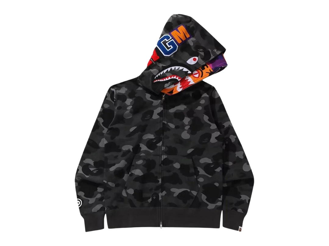 Bape Bape Color Camo Tiger Shark Wide Full Zip Double Hoodie Black (SS21)