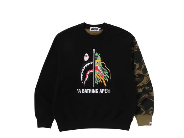 Bape Bape X Clot Camo Shark Patched Relaxed Fit Crewneck Sweatshirt Green - view 1