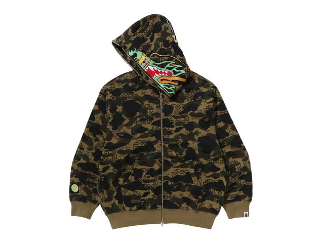 Bape Bape X Clot Camo Shark Relaxed Fit Full Zip Hoodie Green - view 3
