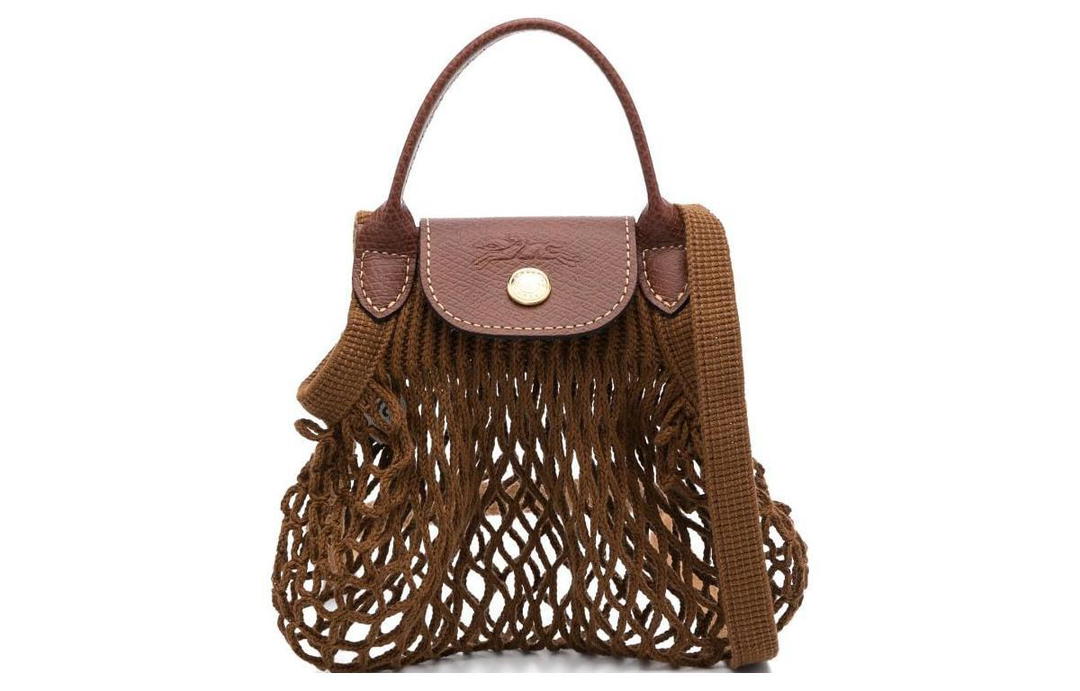 Longchamp Longchamp Le Pliage Filet 100% Cotton Leather Trim Crossbody Bag Regular Women's Cognac Brown