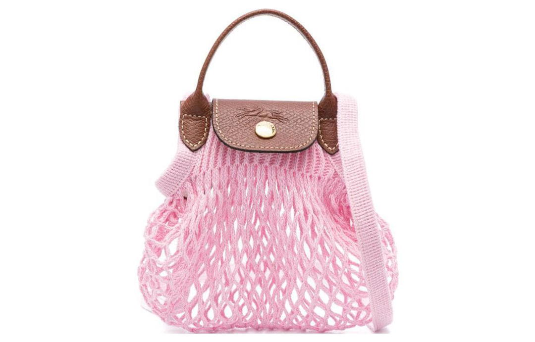 Longchamp Longchamp Le Pliage Filet Cotton With Cow Leather Trim Handbag, Shoulder Bag, Crossbody Bag Mini Women's Pink