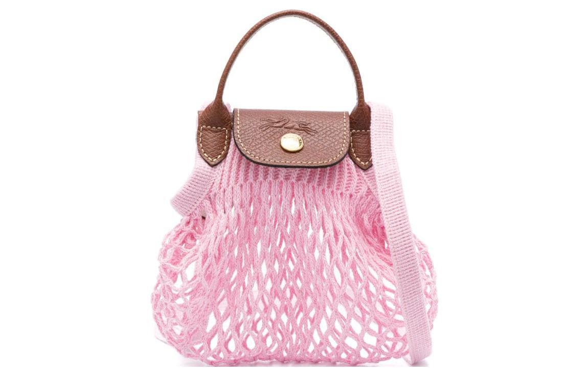 Longchamp Longchamp Le Pliage Filet Cotton With Cow Leather Trim Handbag, Shoulder Bag, Crossbody Bag Mini Women's Pink