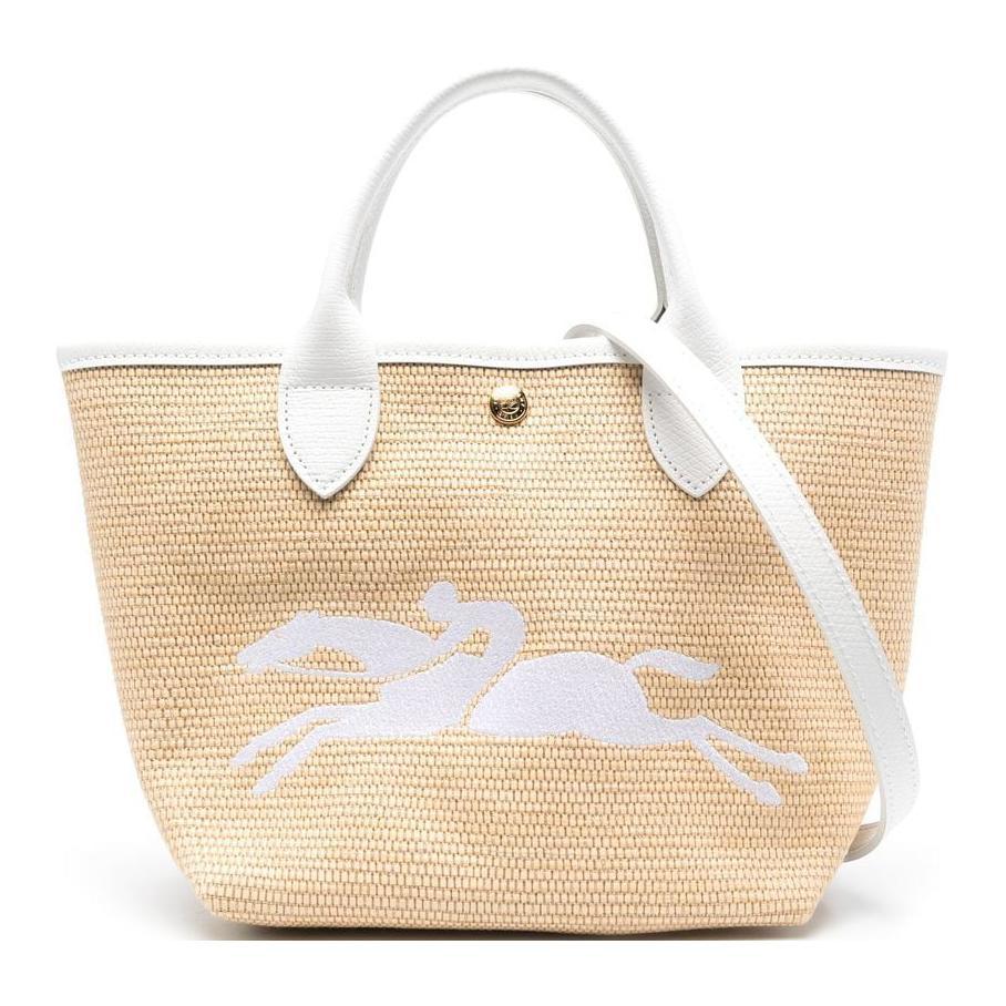 Longchamp Longchamp Le Panier Pliage Cow Leather Canvas Bag Shoulder Bag Crossbody Bag Handbag Small Size Women's White