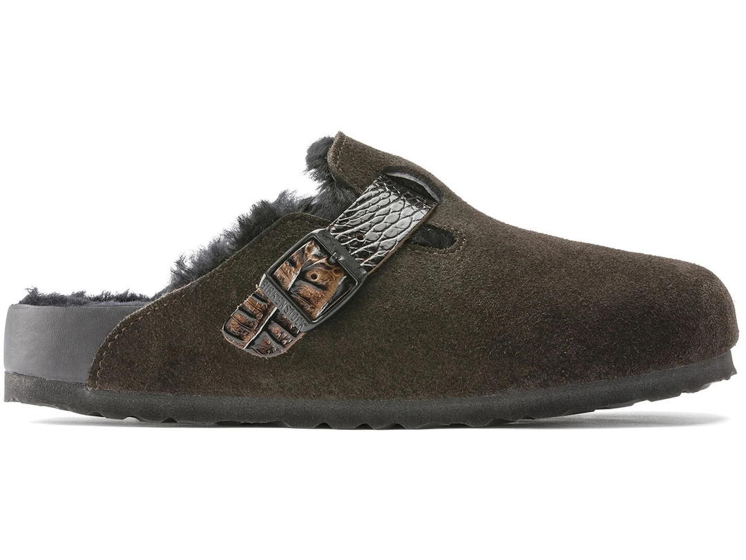 Birkenstock Birkenstock Boston Shearling Suede Reptile Embossed Strap Mocha Brown Black