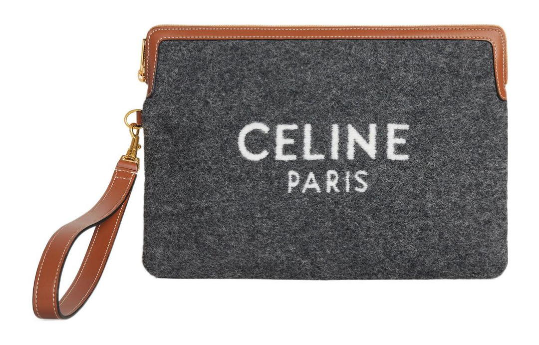 Celine Celine Fabric With Calfskin Clutch Small Size Women's Gray/Beige