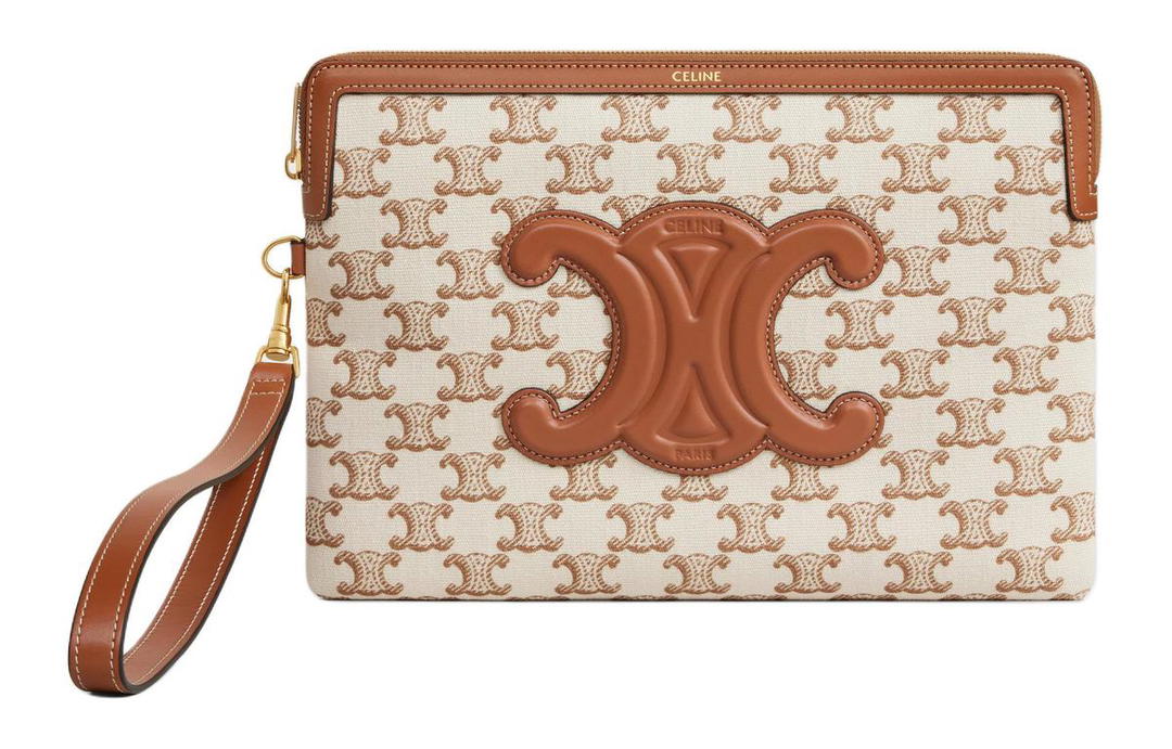 Celine Celine Triomphe Calfskin Trim Clutch Small Size Women's Brown