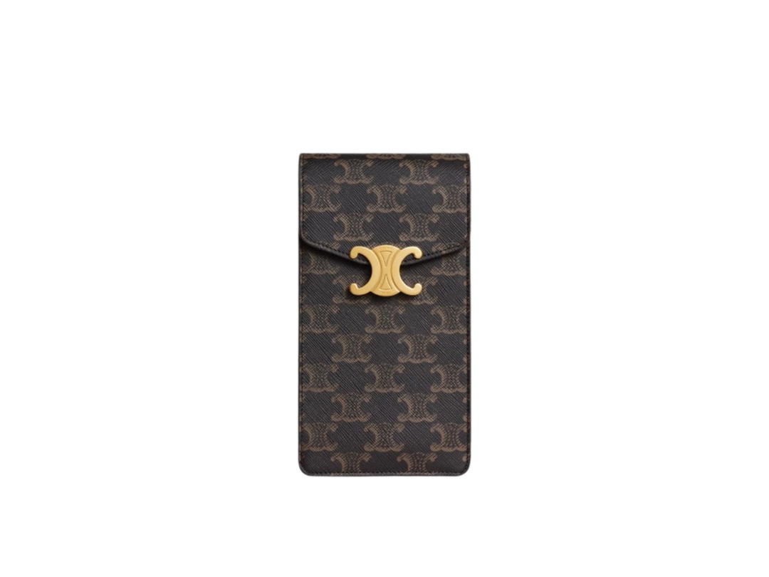 Celine Celine Vertical Phone Pouch Triomphe in Triomphe Canvas and Calfskin Tan