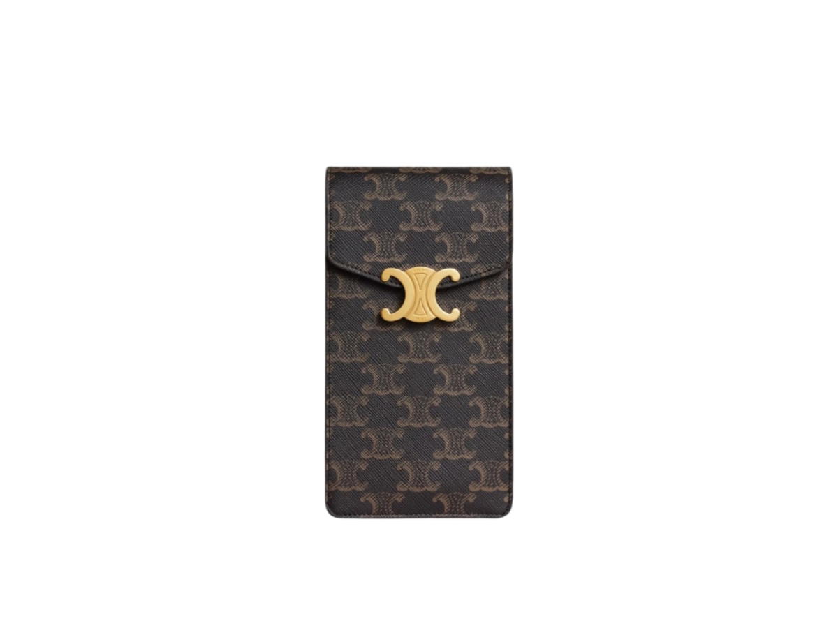 Celine Celine Vertical Phone Pouch Triomphe in Triomphe Canvas and Calfskin Tan