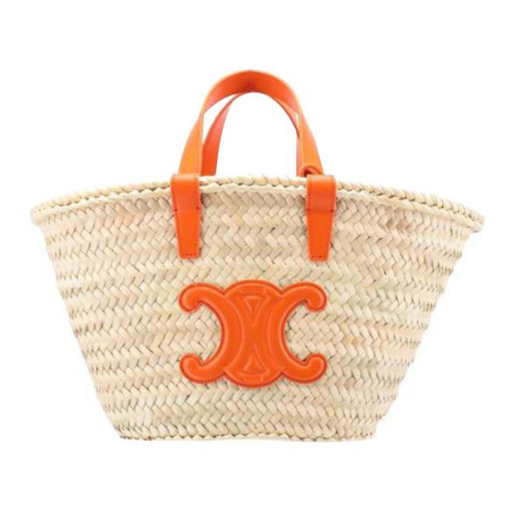 Celine Celine Triomphe Palm Leaf Cow Leather Patchwork Tote Bag Shopping Bag Basket Handbag Women's Orange
