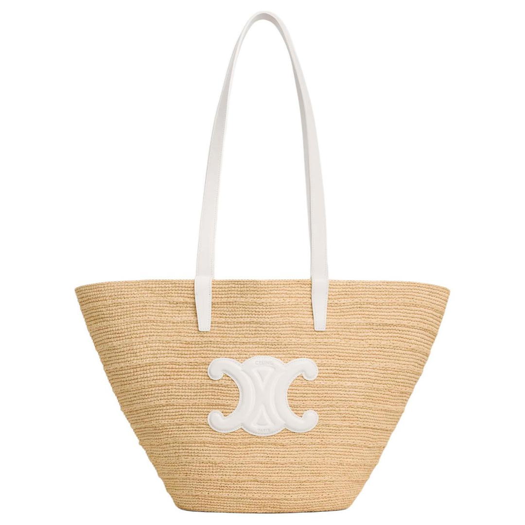 Celine Celine Classic Panier Series Raffia Shoulder Bag Medium Size Women's Beige & White