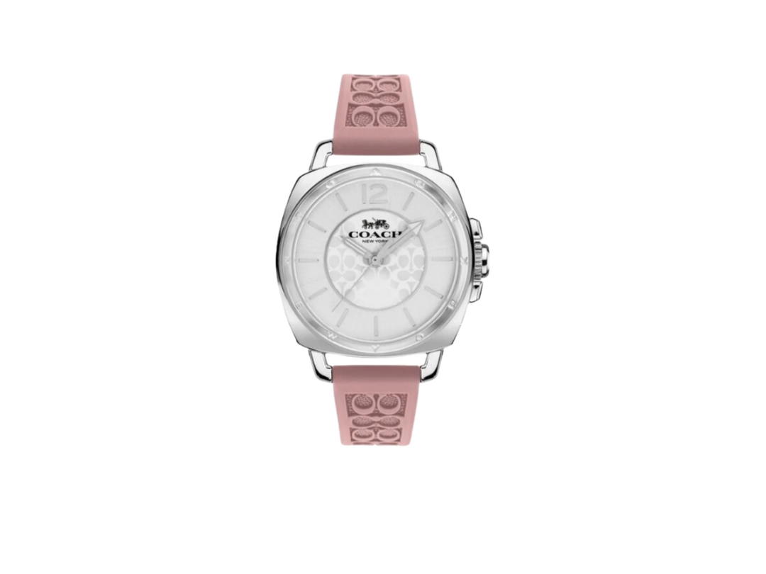 Coach Coach Signature Embossed Boyfriend Watch Rubber Strap Silver Pink