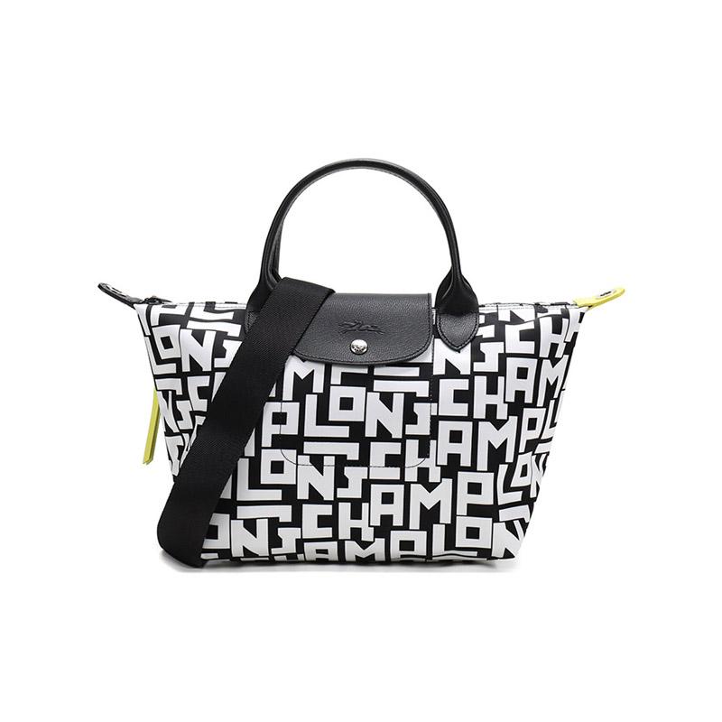 Longchamp Longchamp Fabric Dumpling Bag One Shoulder Handbag Small Size Women's Black White