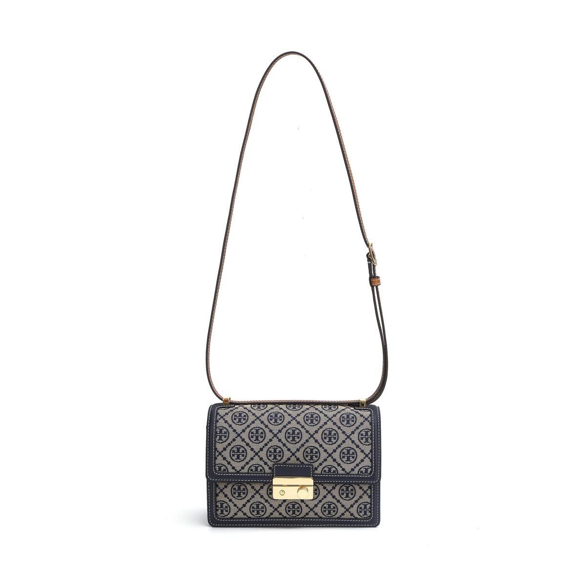 Tory Burch TORY BURCH T Monogram Jacquard Fabric With Leather Crossbody Bag Shoulder Bag Small Size Unisex Gray & Blue