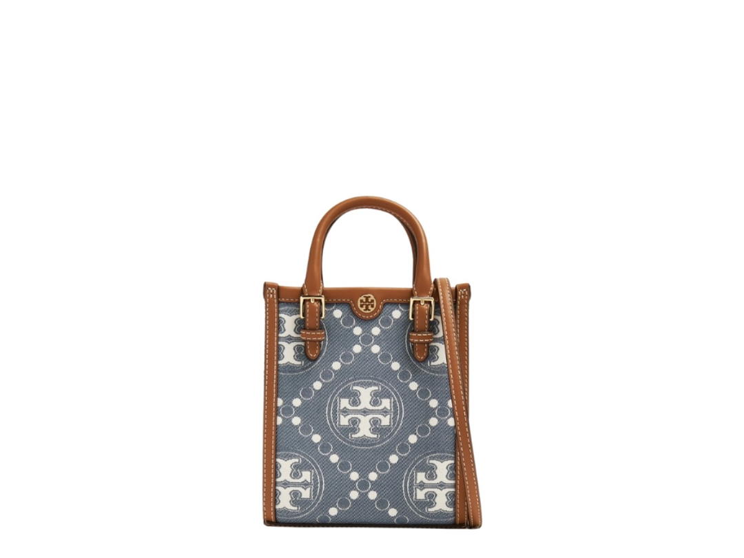 Tory Burch Tory Burch Mini T Monogram Denim Tote Bag With Pearl Blue