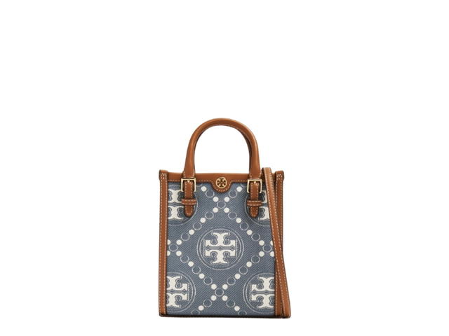 Tory Burch Tory Burch Mini T Monogram Denim Tote Bag With Pearl Blue - view 1