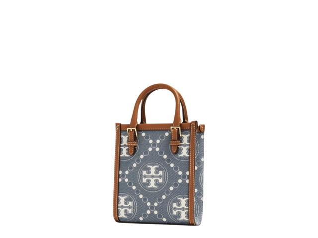 Tory Burch Tory Burch Mini T Monogram Denim Tote Bag With Pearl Blue - view 2