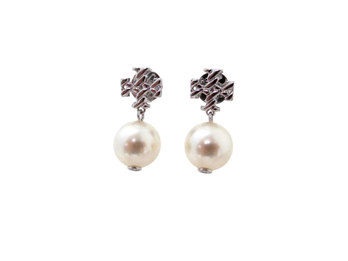 Tory Burch Tory Burch Rope Logo Pearl Drop Earrings Silver