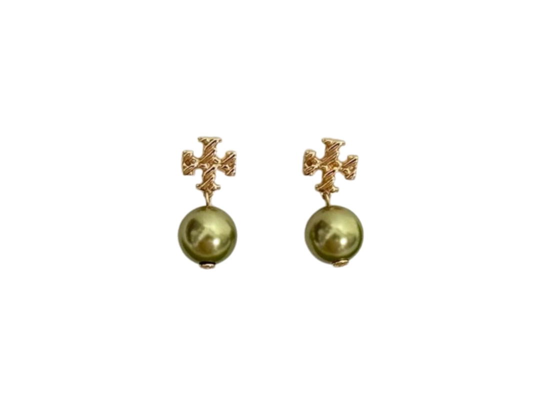 Tory Burch Tory Burch Textured Rope Logo Pearl Drop Earring  Gold Plated Pearl