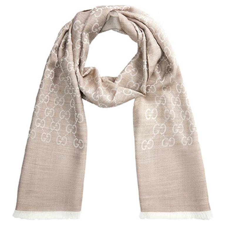 Gucci Gucci GG Jacquard Pattern Two Tone Wool Silk Scarf Beige