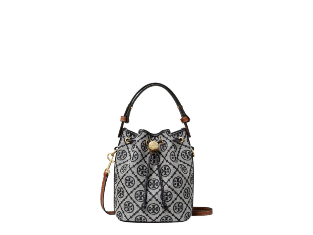 Tory Burch Tory Burch T Monogram Mini Bucket Bag In Polyester Jacquard With Gold Hardware Tory Navy