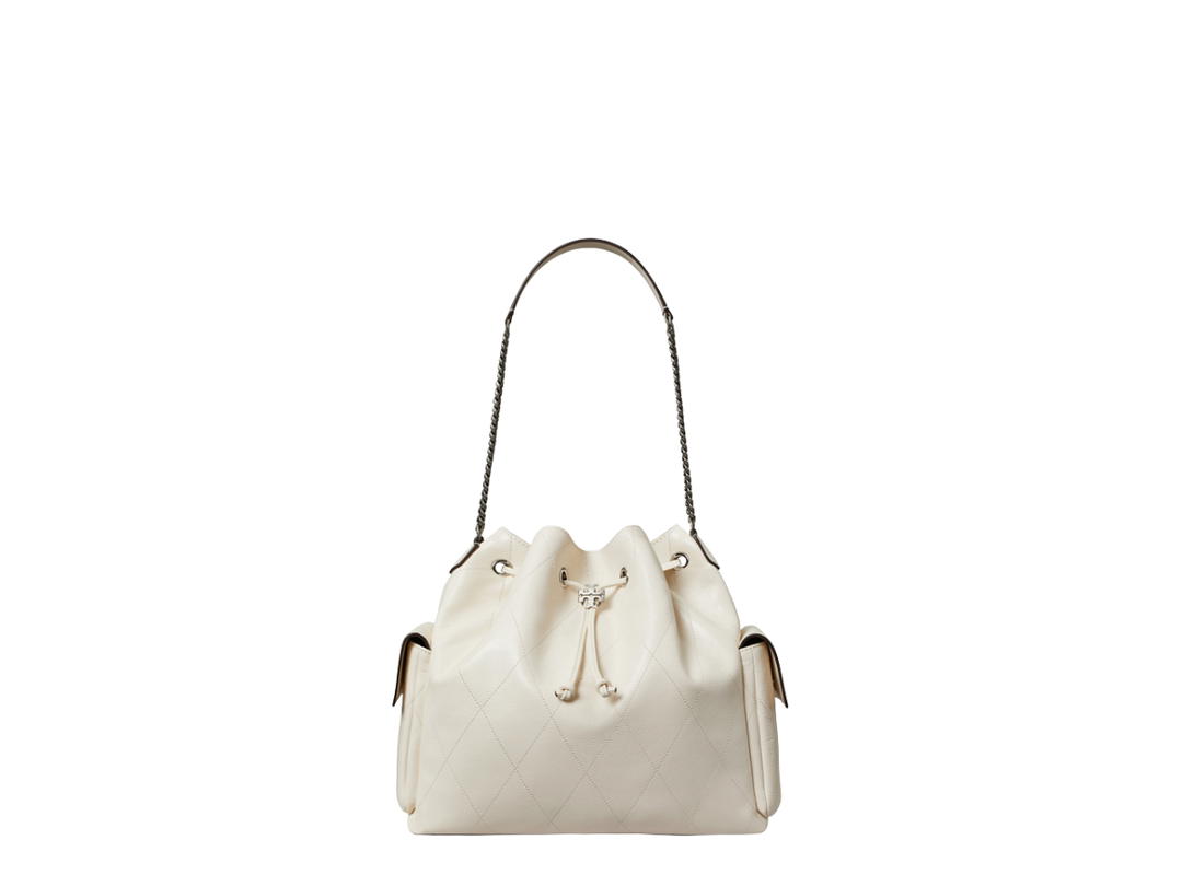 Tory Burch Tory Burch Large Charlie Quilted Drawstring Shoulder Bag Light Cream
