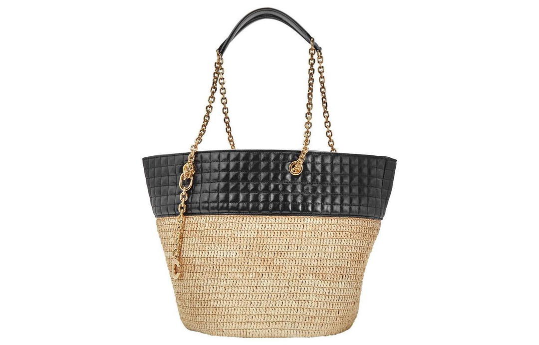 Celine Celine Raffia With Calfskin Basket Bag Handbag Shoulder Bag Women's Black & Natural