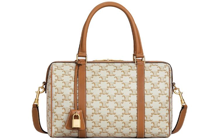 Celine Celine Triomphe Canvas And Calfskin Boston Bag Shoulder Bag Travel Bag Handbag Unisex White/Tawny