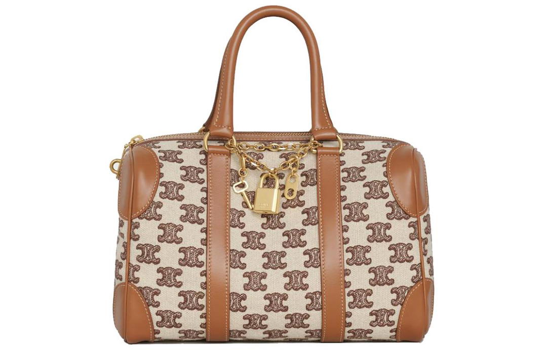 Celine Celine Fabric With Cow Leather Patchwork Trim Boston Bag Shoulder Bag Crossbody Bag Handbag Small Size Women's Brown