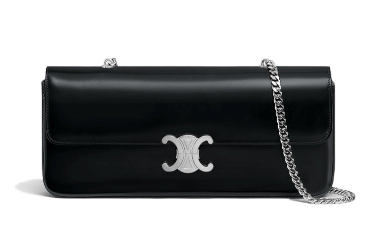 Celine Celine Triomphe Arc De Triomphe Cow Leather Chain Shoulder Bag Handbag Regular Women's Black Silver