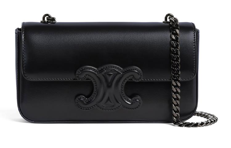 Celine CELINE Triomphe Arc De Triomphe All Black Glossy Smooth Cow Leather Shoulder Bag Handbag Shoulder Bag Women's Black