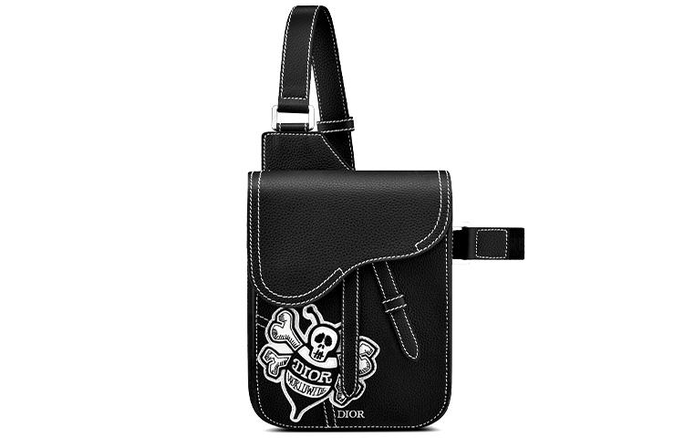 Dior Dior Shawn Collaboration Saddle Embroidery Crossbody Handheld Sling Bag Men's Black