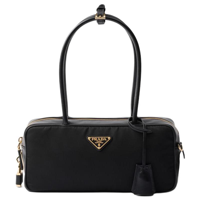 Prada Prada Recycled Nylon With Patchwork Leather Handbag Small Size Women's Black