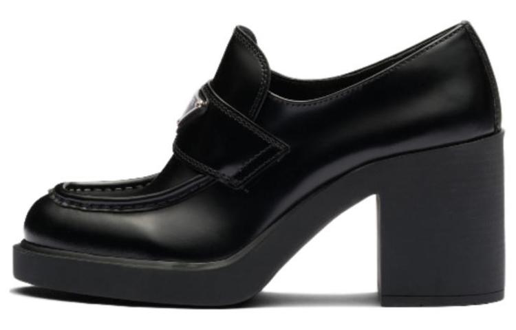 Prada Prada Chocolate High Heeled 85mm Loafers Black Brushed Leather Women's