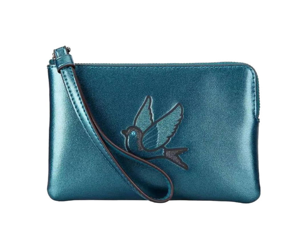 Coach Coach Boxed Glitter Patch Bird Corner Zip Wristlet Metallic Dark Teal