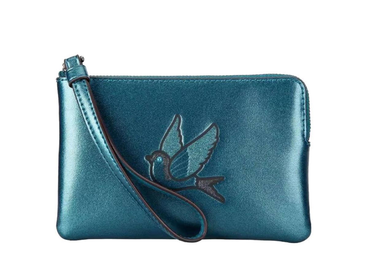 Coach Coach Boxed Glitter Patch Bird Corner Zip Wristlet Metallic Dark Teal