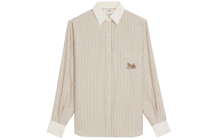 Celine Celine SS21 Women's Stripe Carriage Embroidery Long Sleeve Shirt Beige