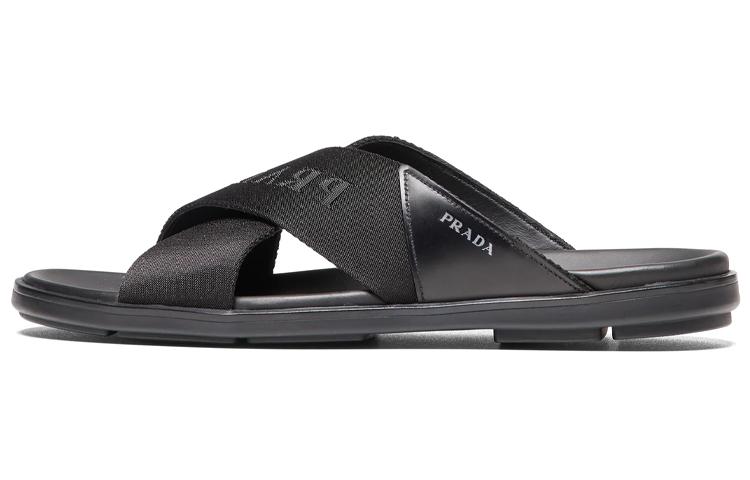Prada Prada Nylon Tape Crisscross Slides Black Leather Men's