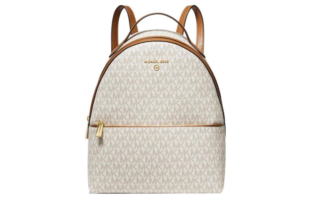 Michael Kors MICHAEL KORS Valerie Coated Canvas Backpack Medium Size Women's Vanilla White & Acorn Brown
