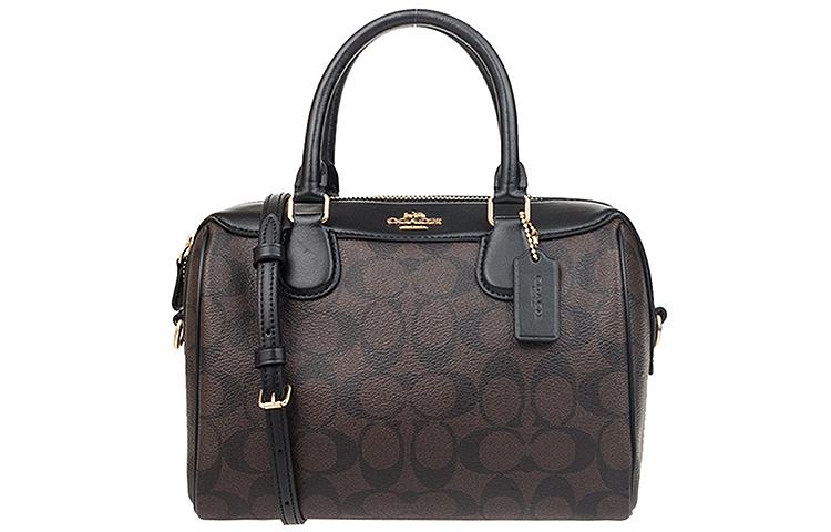Coach Coach Canvas With Leather Boston Bag Handbag Shoulder Bag Crossbody Bag Small Size Women's Dark Brown