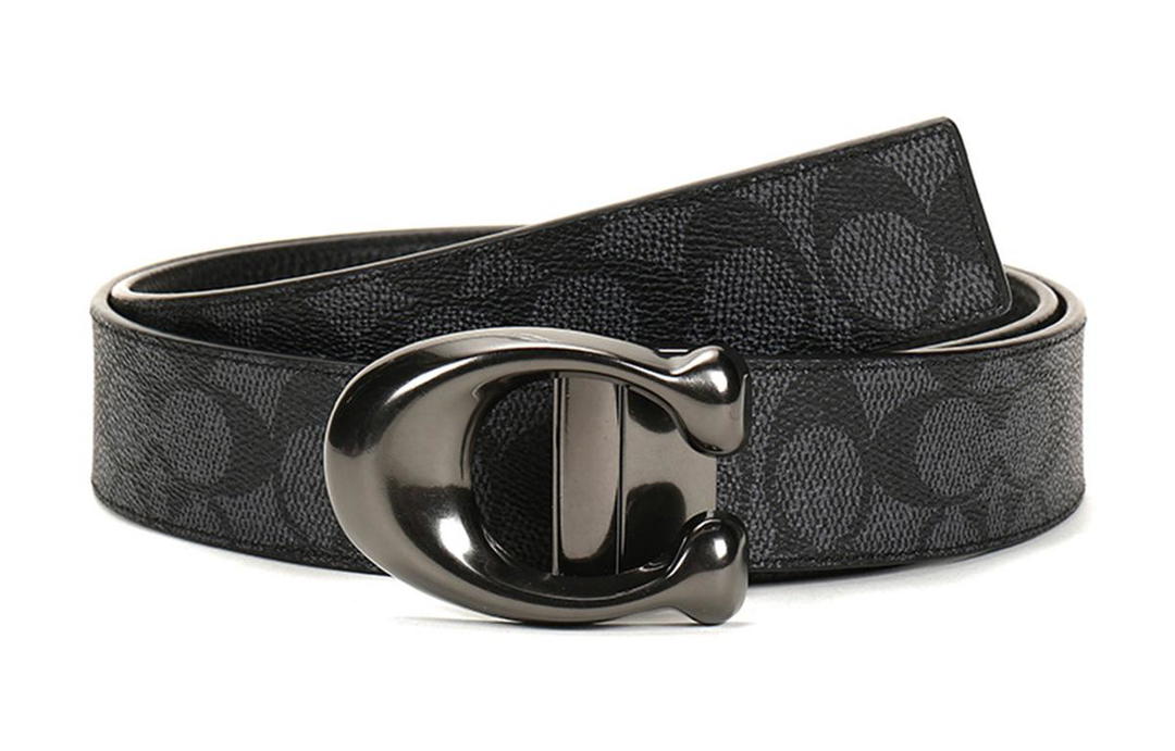 Coach Coach Canvas Leather Belts Men's Carbon Gray Black Width 3.7cm