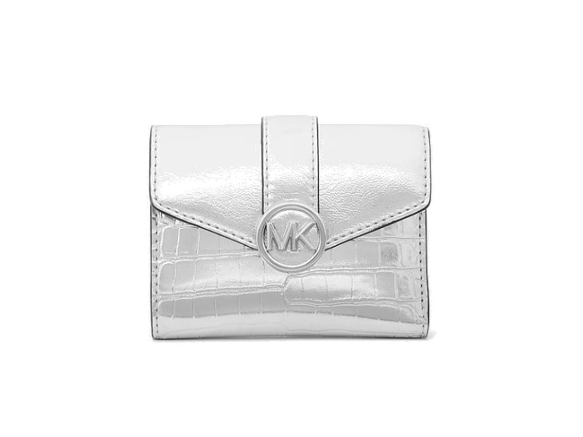 Michael Kors Michael Kors Carmen Medium Metallic Crocodile Embossed Tri-Fold Envelope Wallet Silver