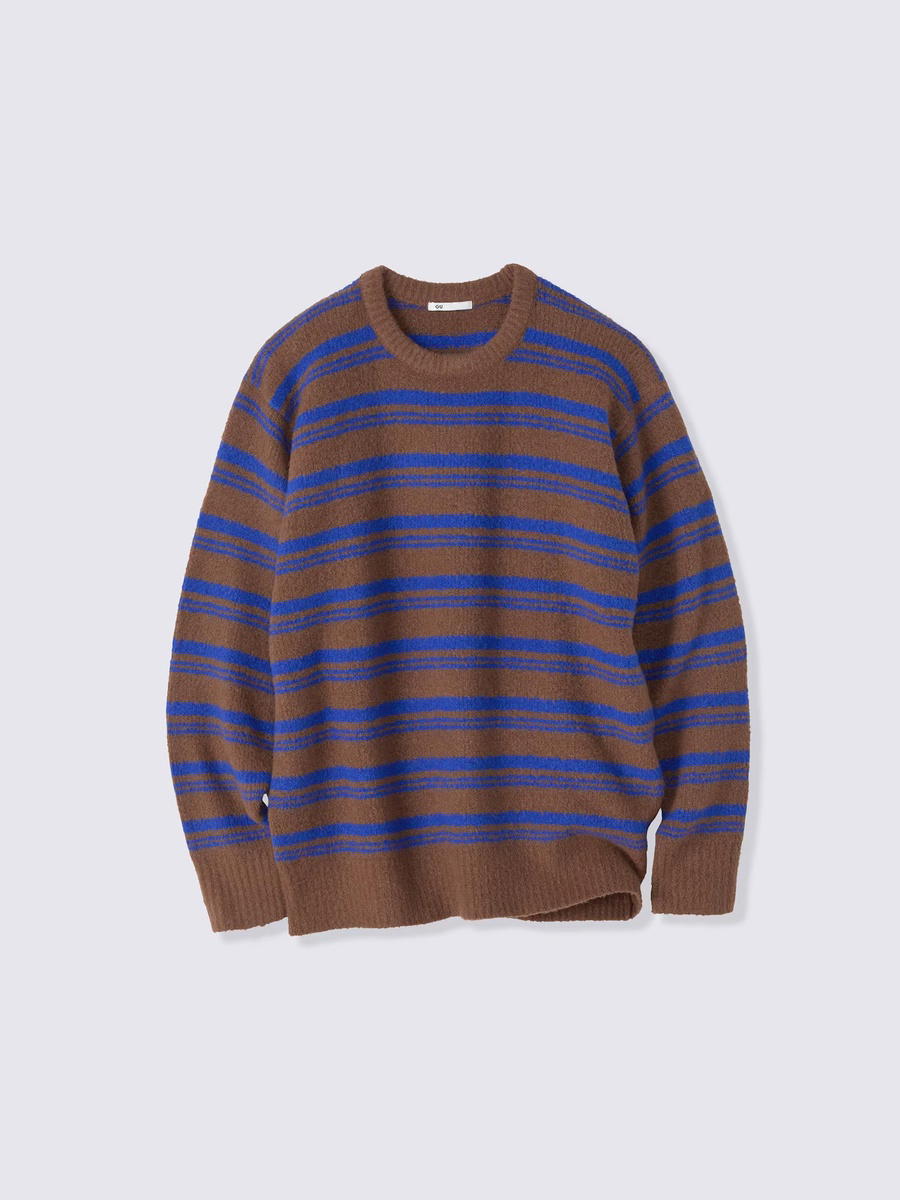 GU GU Puffy Touch Knit Striped Crew Neck Sweater PF Brown