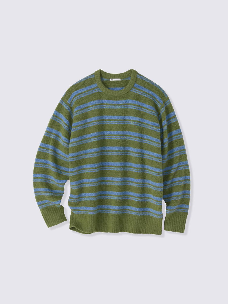 GU GU Puffy Touch Knit Striped Crew Neck Sweater PF Green