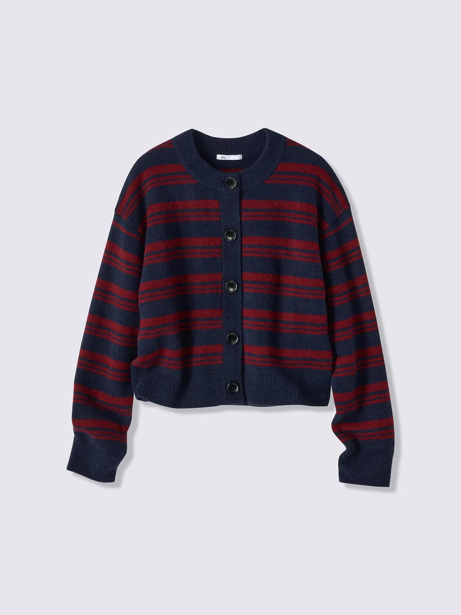 GU GU Puffy Touch Knit Striped Crew Neck Cardigan PF Navy (W)