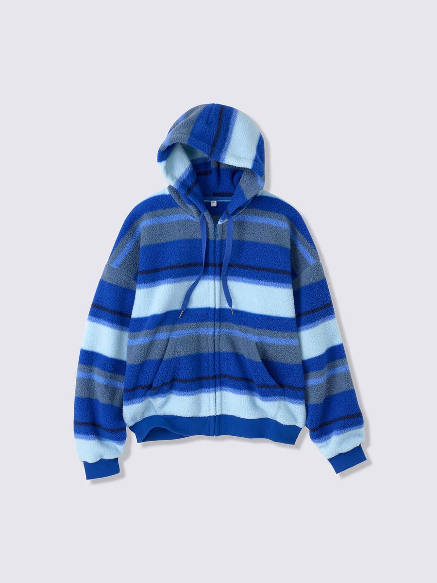 GU GU Fleece Cocoon Full-Zip Hoodie Stripe UL Oversized Fit Blue