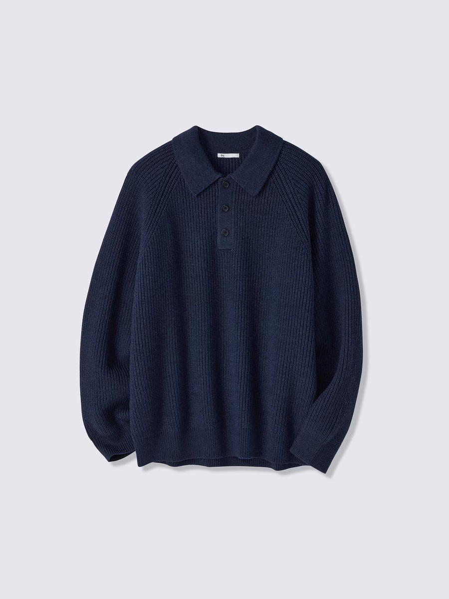GU GU Rib Stitched Polo Sweater MN Navy