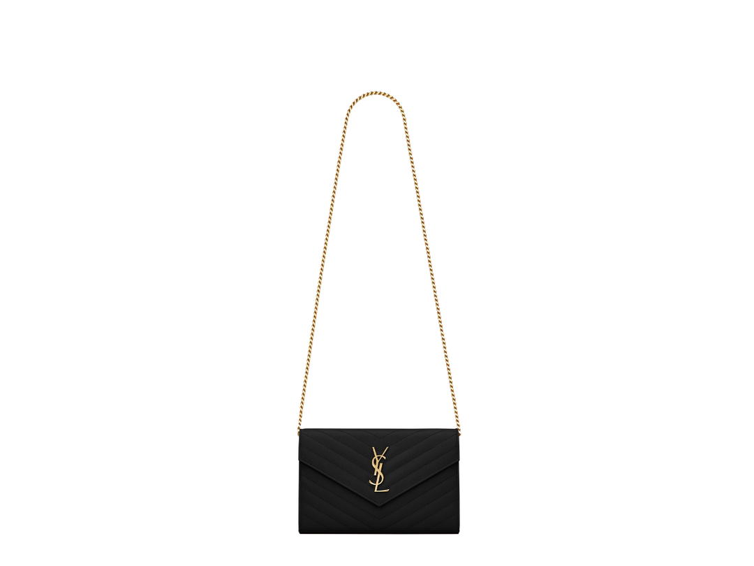 Saint Laurent Saint Laurent Cassandre Matelassé Chain Wallet In Grain De Poudre Embossed Leather with Gold-Toned Metal Hardware Black (8.9")