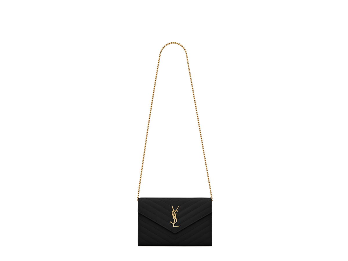 Saint Laurent Saint Laurent Cassandre Matelassé Chain Wallet In Grain De Poudre Embossed Leather with Gold-Toned Metal Hardware Black (8.9")