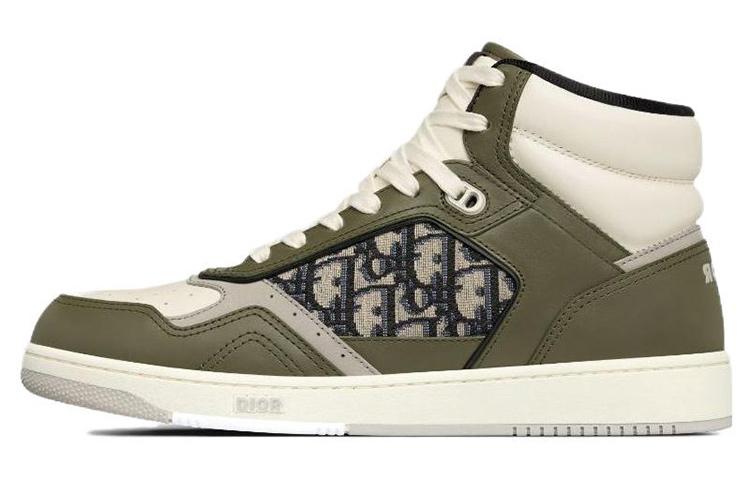 Dior Dior B27 High Olive And Cream Smooth Calfskin With Beige And Black Dior Oblique Jacquard