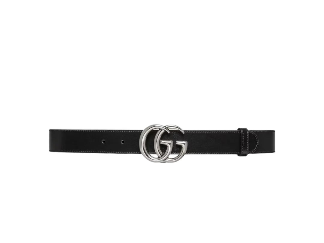 Gucci Gucci Gg Marmont Thin Belt In Black Leather With Silver Hardware